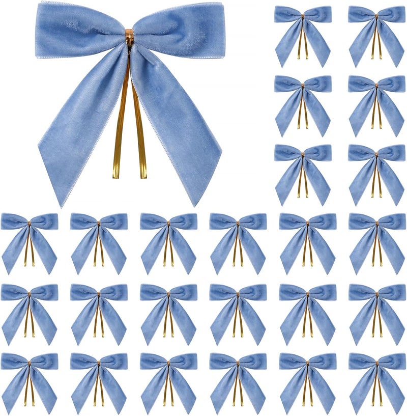 Utehilly 24 Pcs Light Blue Small Velvet Christmas Bows for Christmas Tree, Wreath, Gift Wrapping, Crafts, Wedding, Party, Twist Tie Bows for Treat Bag Bakery Candy Bags, Home Decor 1"W,3.5 x 3.5 inch - Image 1